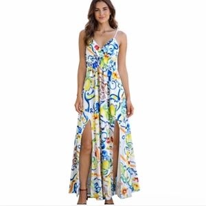 New Collection |  Mediterranean Lemon Print Maxi Dress Double Slit